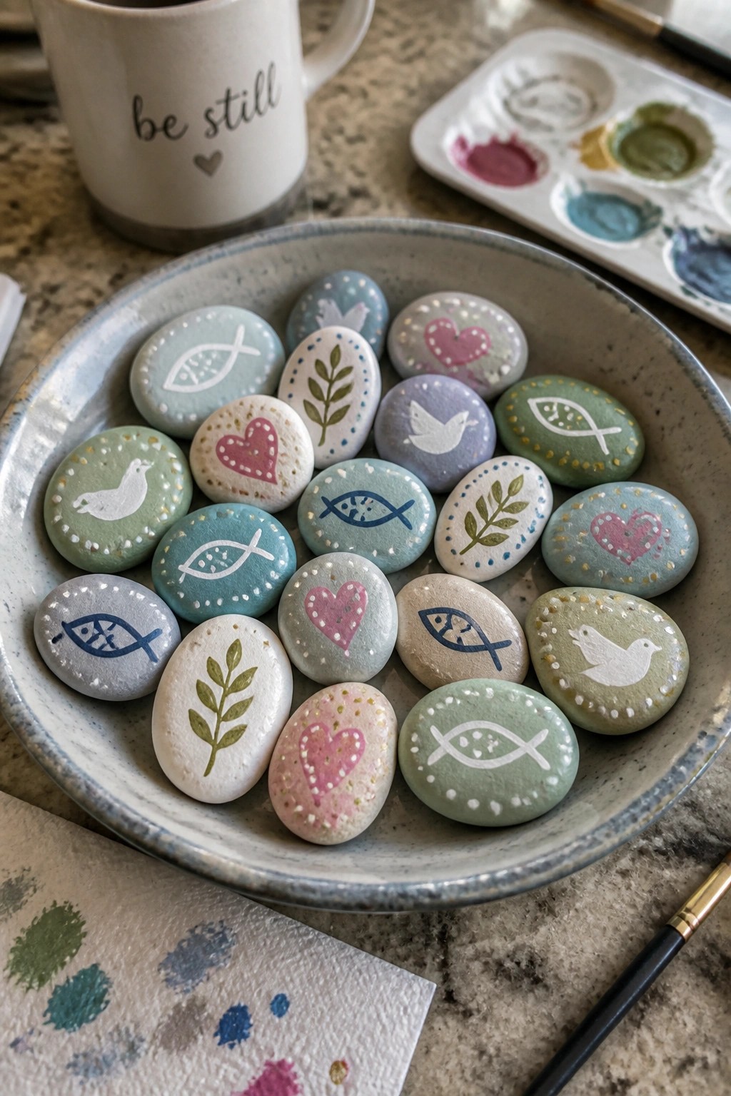 Bowl of painted stones with hearts, fish, doves and leaves beside a 