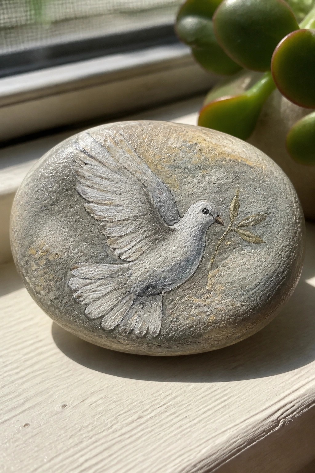 Painted gray stone with white dove in flight holding olive branch