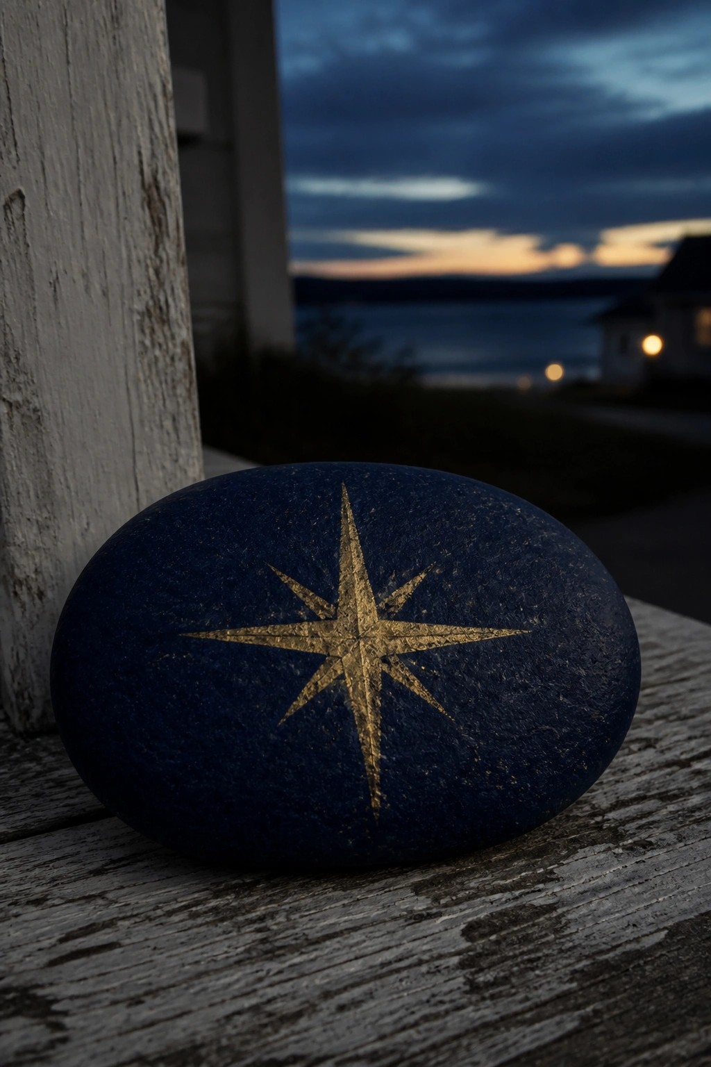 Dark blue stone with golden compass star on weathered wooden surface at dusk