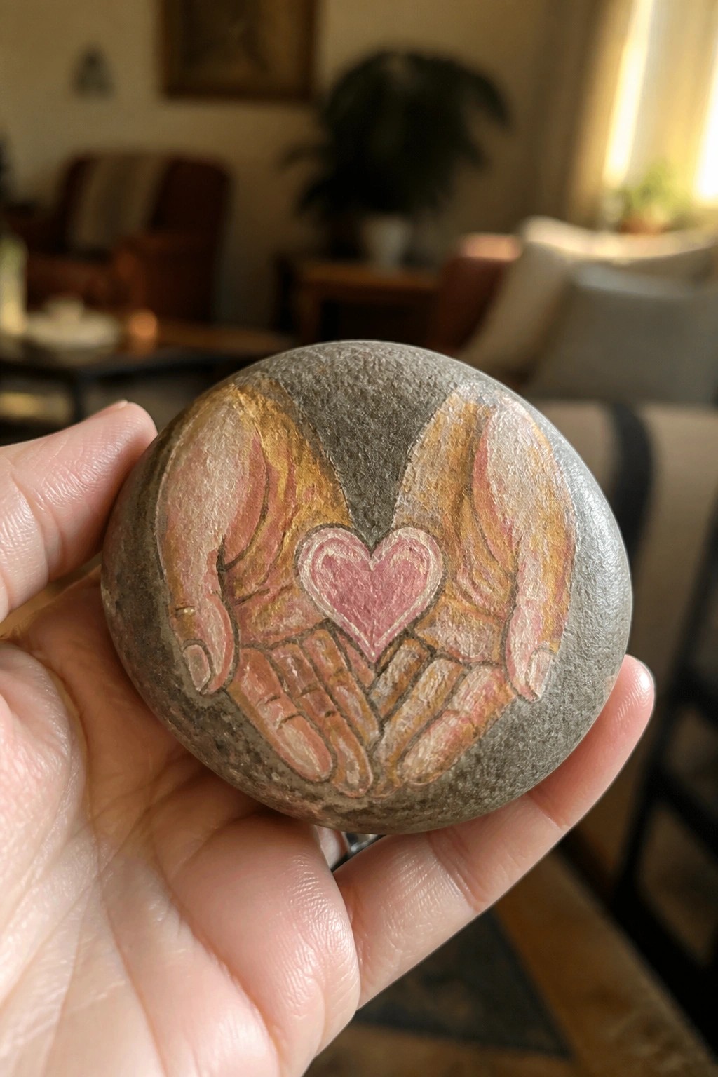 Hand holding gray rock painted with two hands cupping a pink heart.