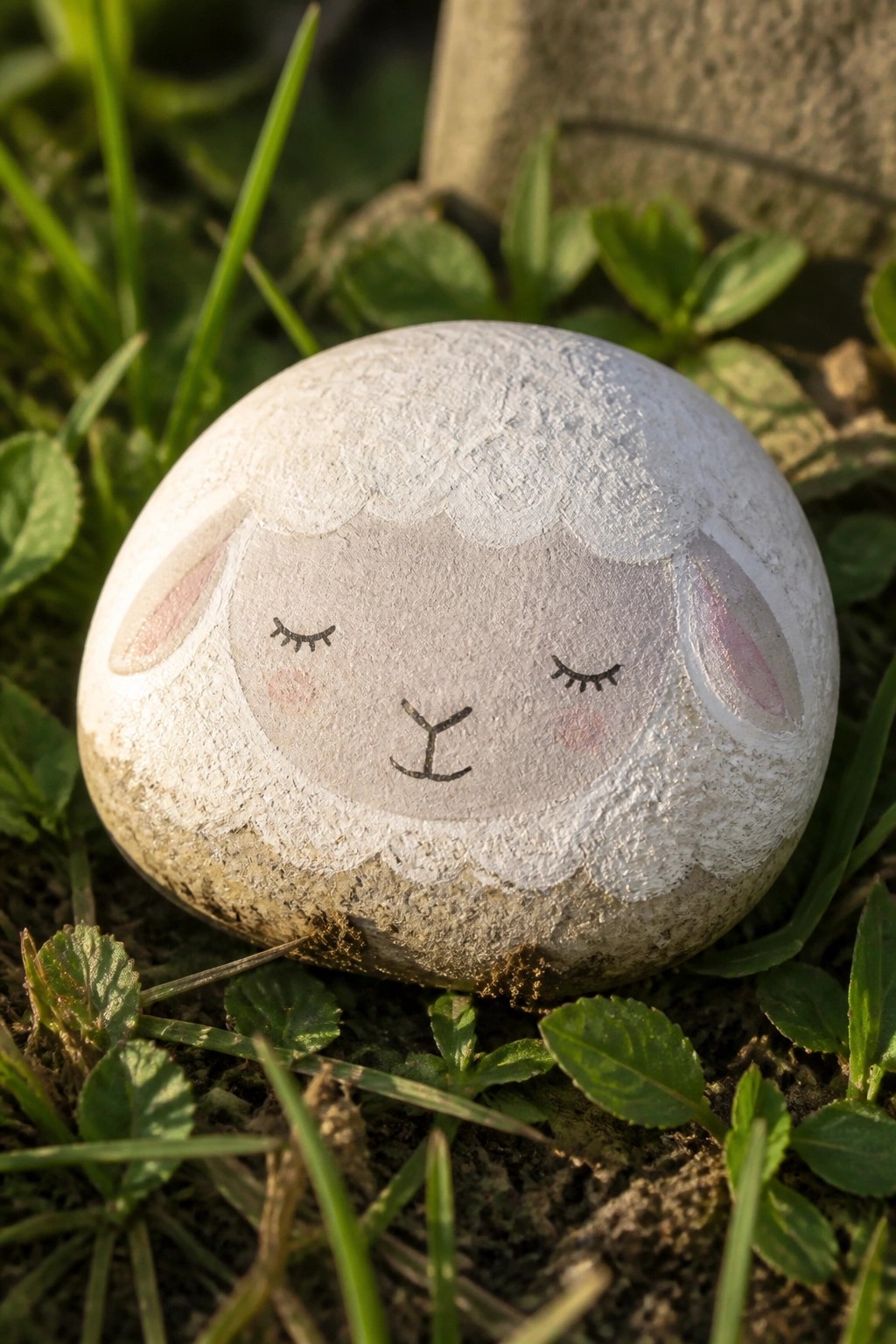 Painted white stone with sleeping sheep face amid green grass and leaves