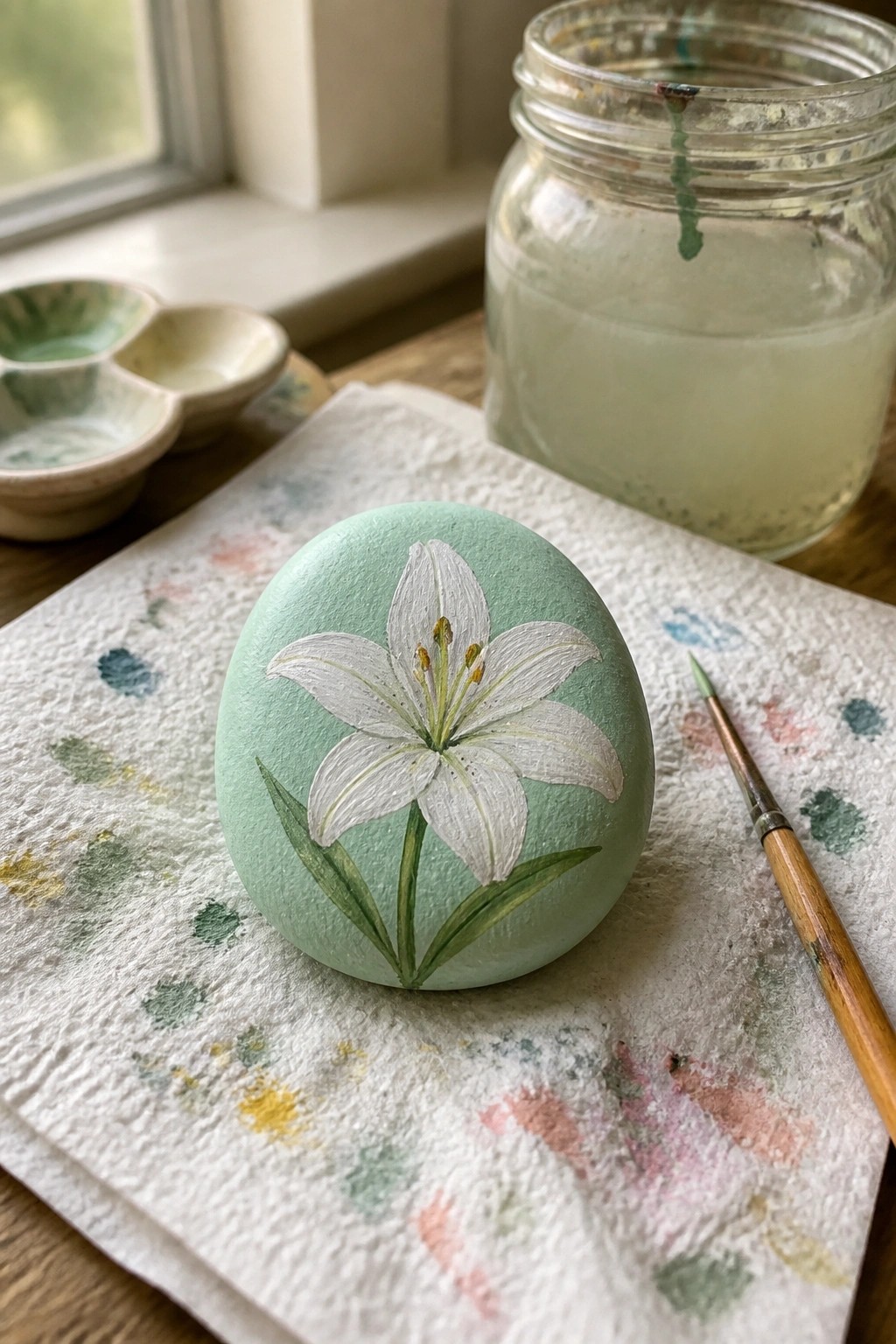Green painted rock with white lily on splattered paper towel beside brush and jar