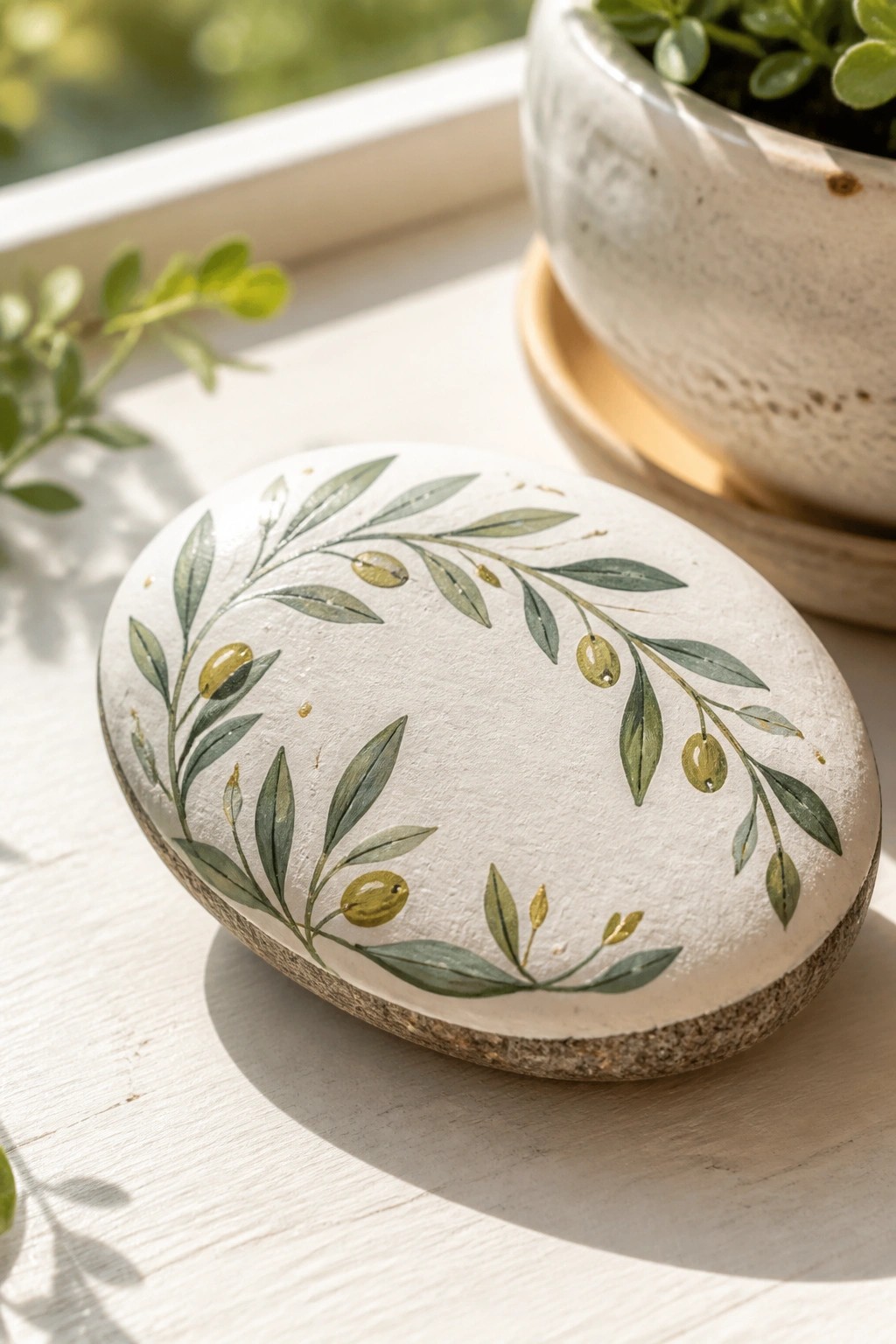 A smooth white rock painted with green olive branches and olives arranged in a circular pattern rests on a wooden surface next to a potted plant.