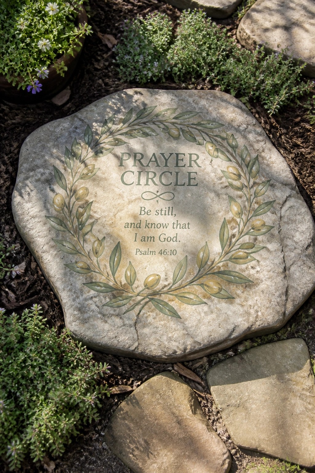 Garden stone plaque with leafy wreath, 