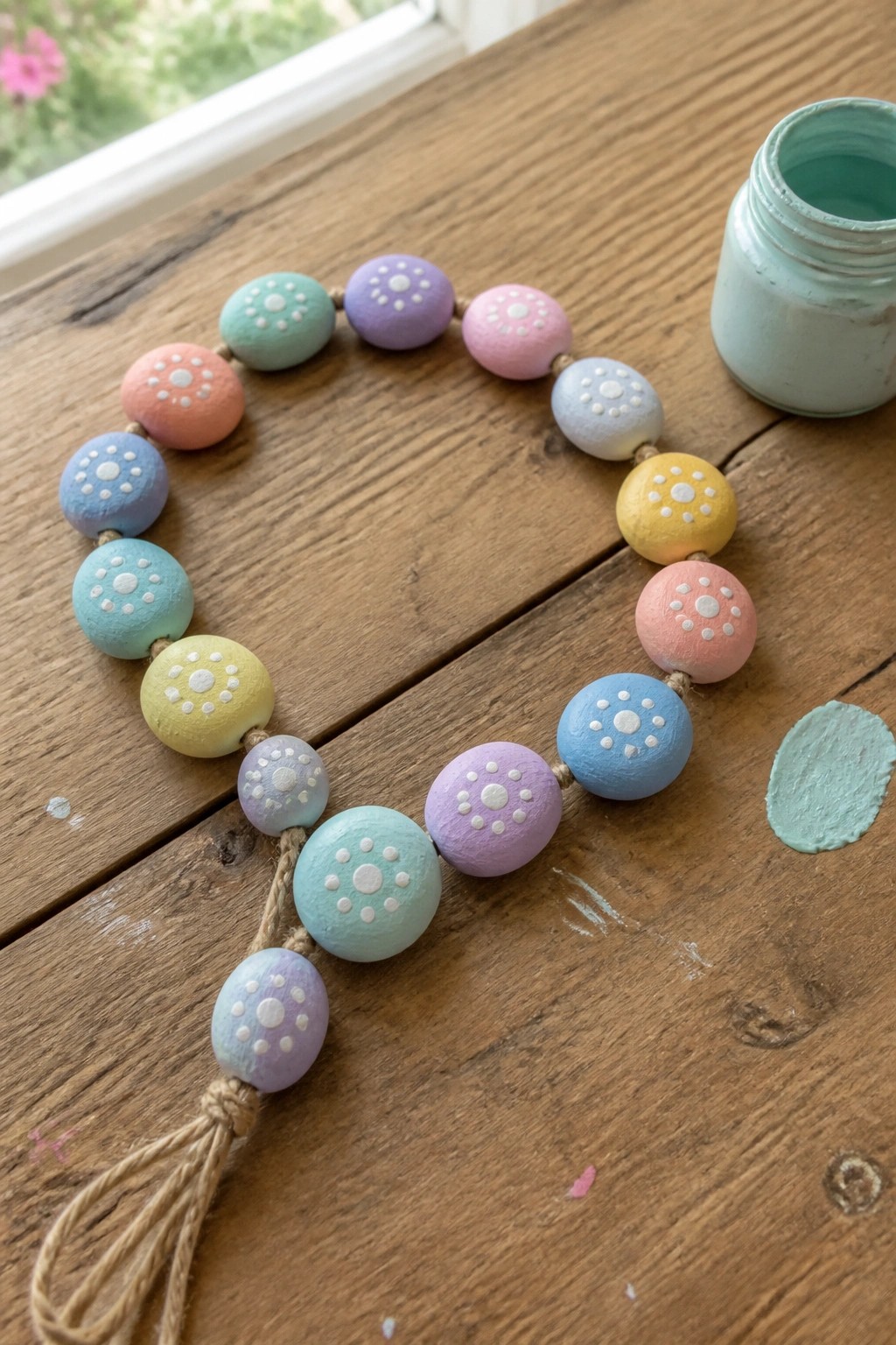 Pastel painted wooden beads with white dots on twine beside paint jar on table.