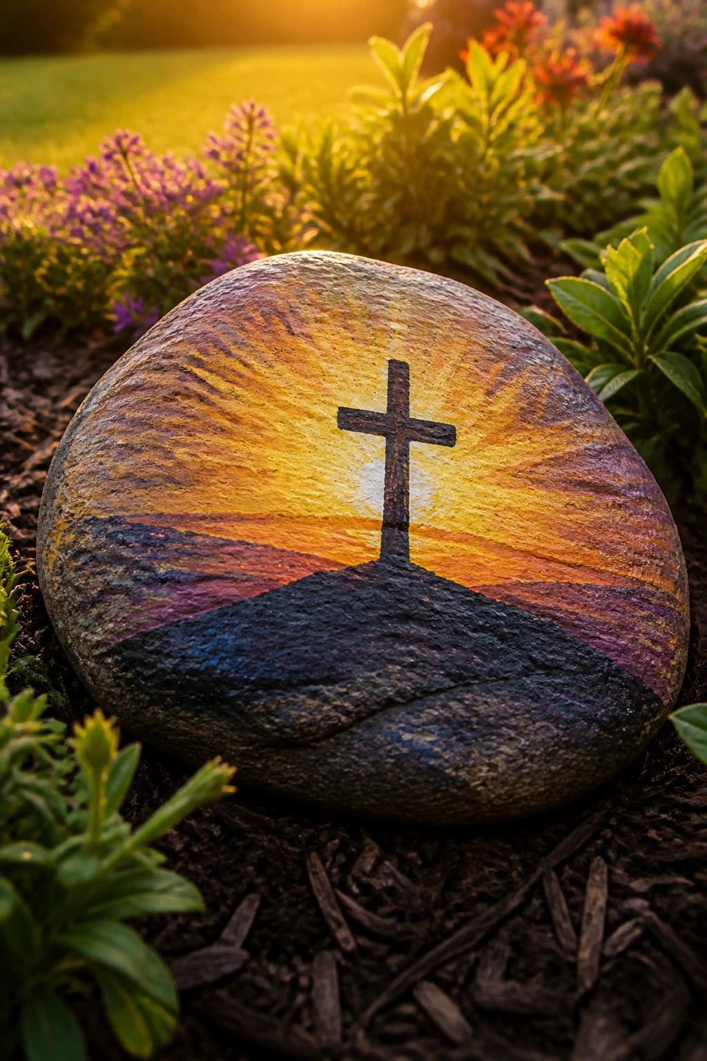 A painted rock with a cross and sunrise rays sits in a garden bed with flowers and mulch.