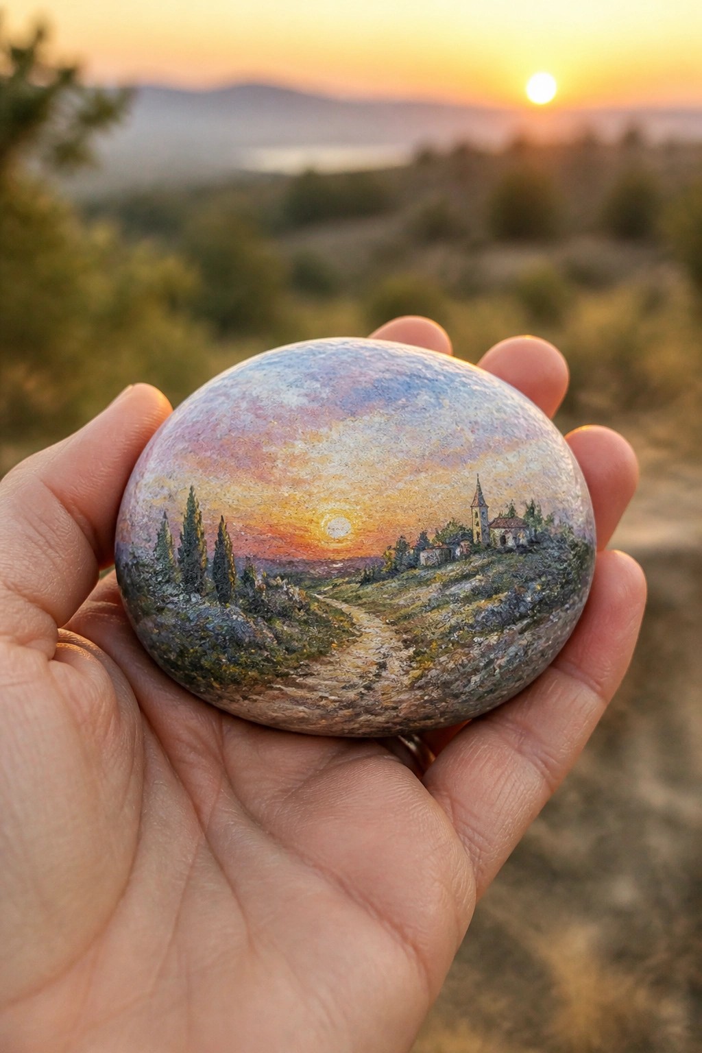 A hand holds a smooth rounded rock painted with a landscape of a church at sunset.