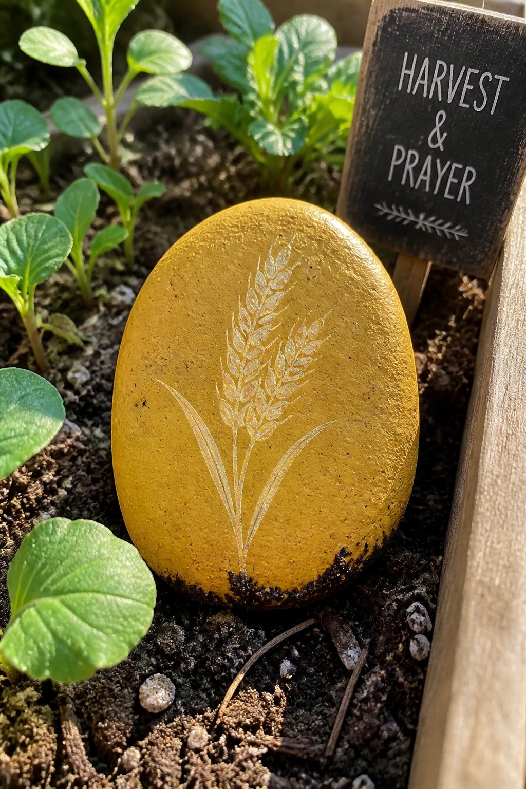 Yellow stone etched with wheat stalks in garden soil by harvest sign