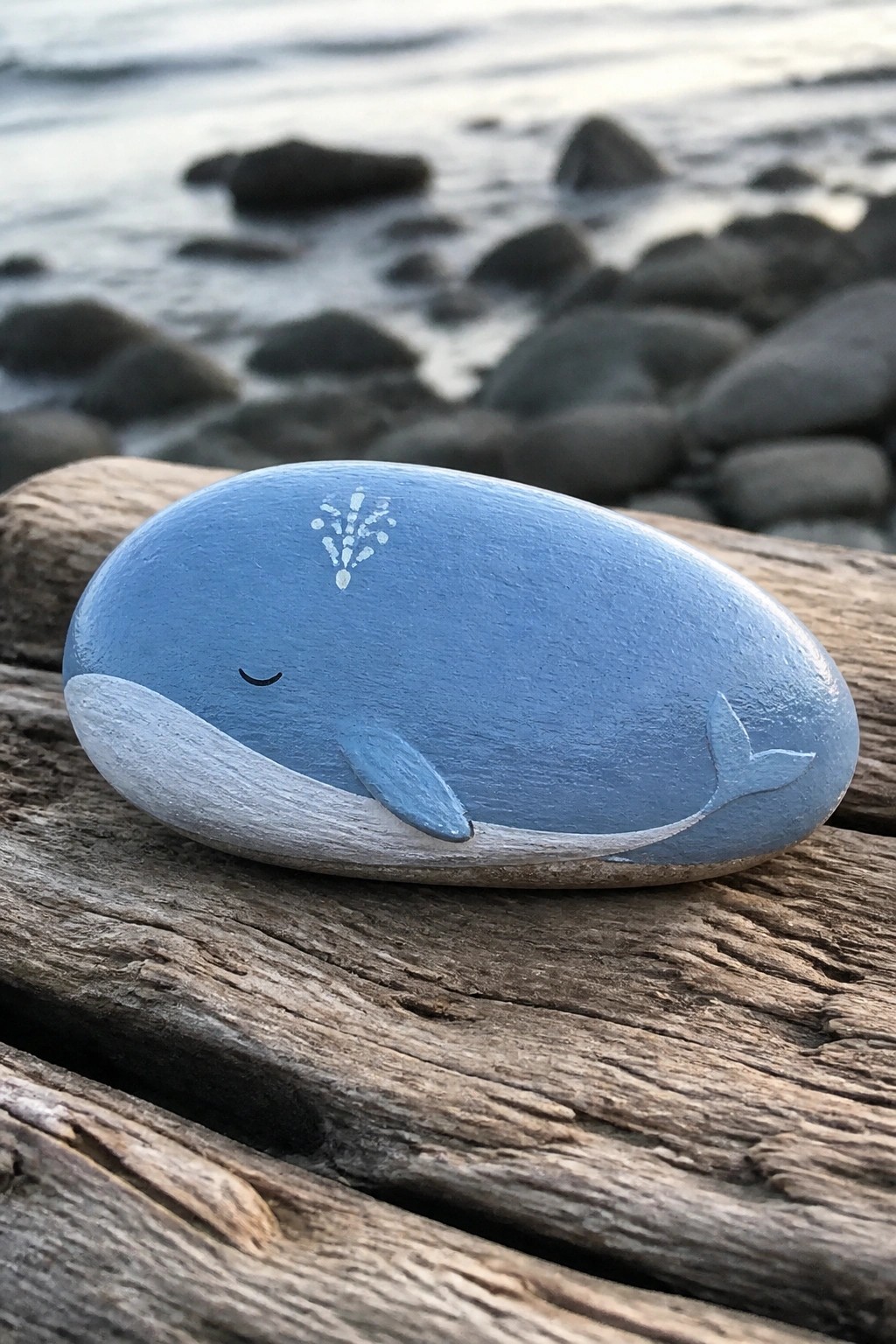 Blue whale painted on oval stone atop driftwood by rocky shore