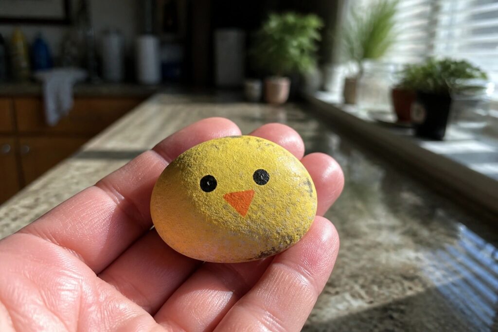 Hand holding small yellow painted rock with black eyes and orange chick beak