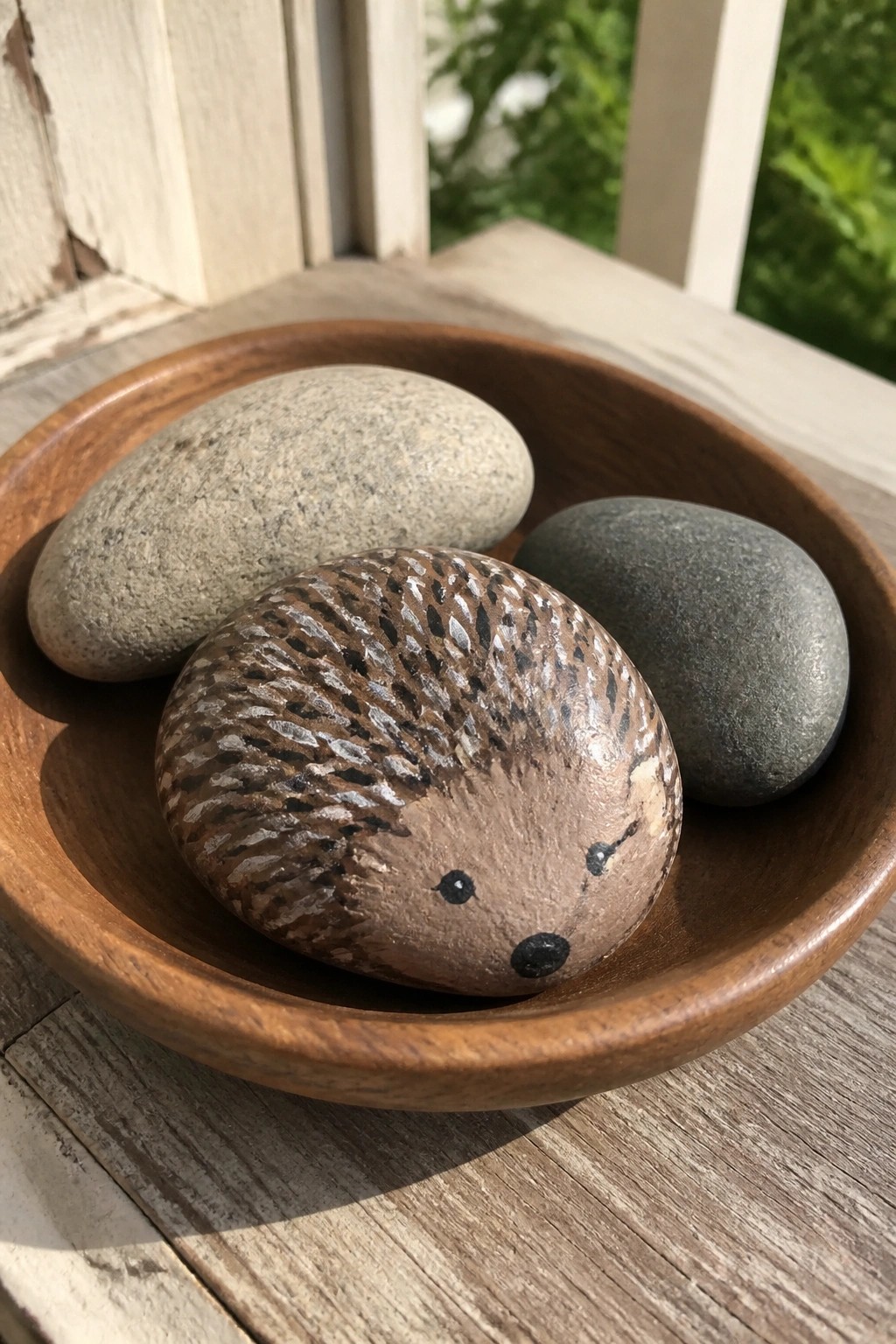 Wooden bowl with three stones, one painted as a hedgehog with black eyes.
