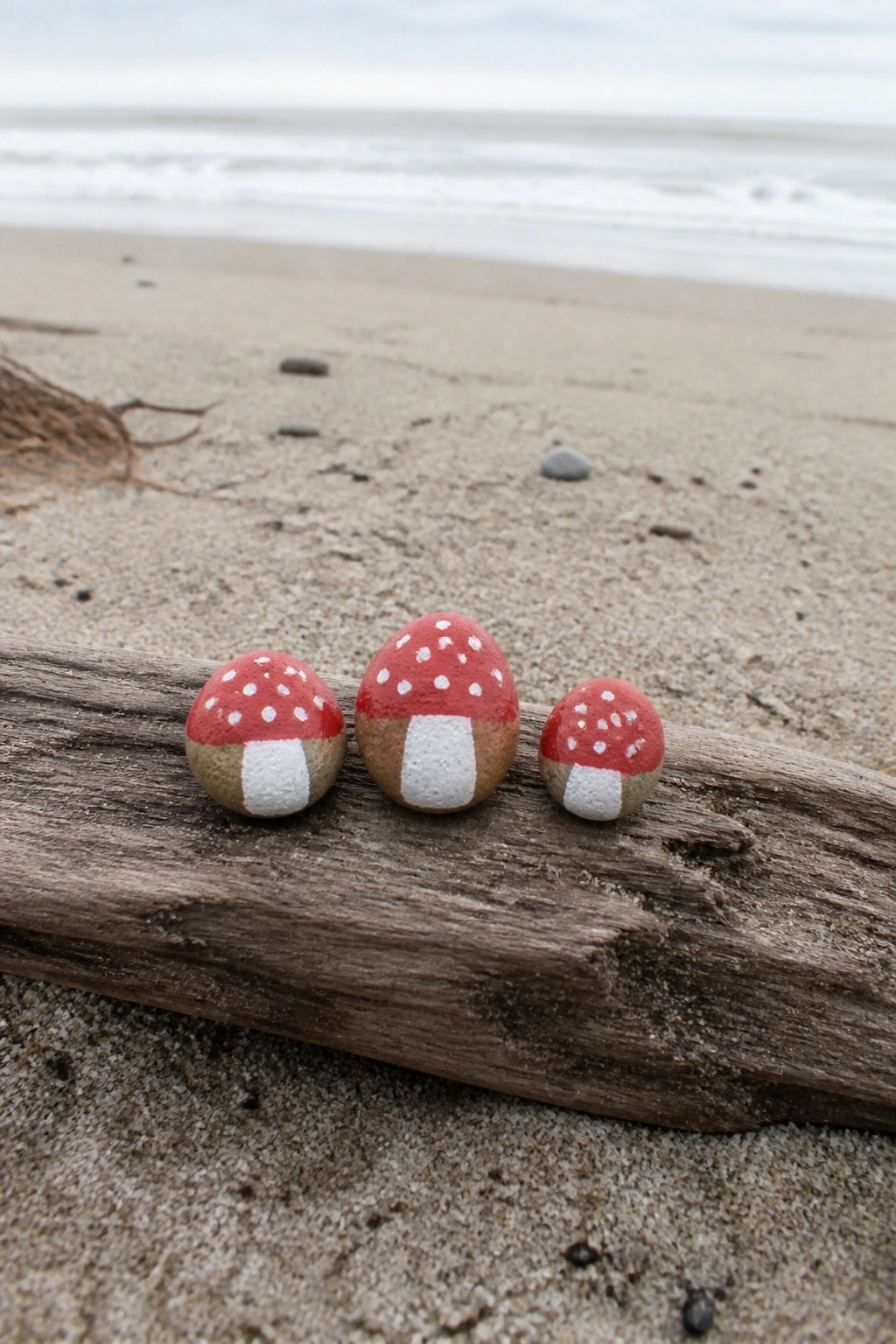 Three red-and-white mushroom-painted rocks on driftwood at a sandy beach.