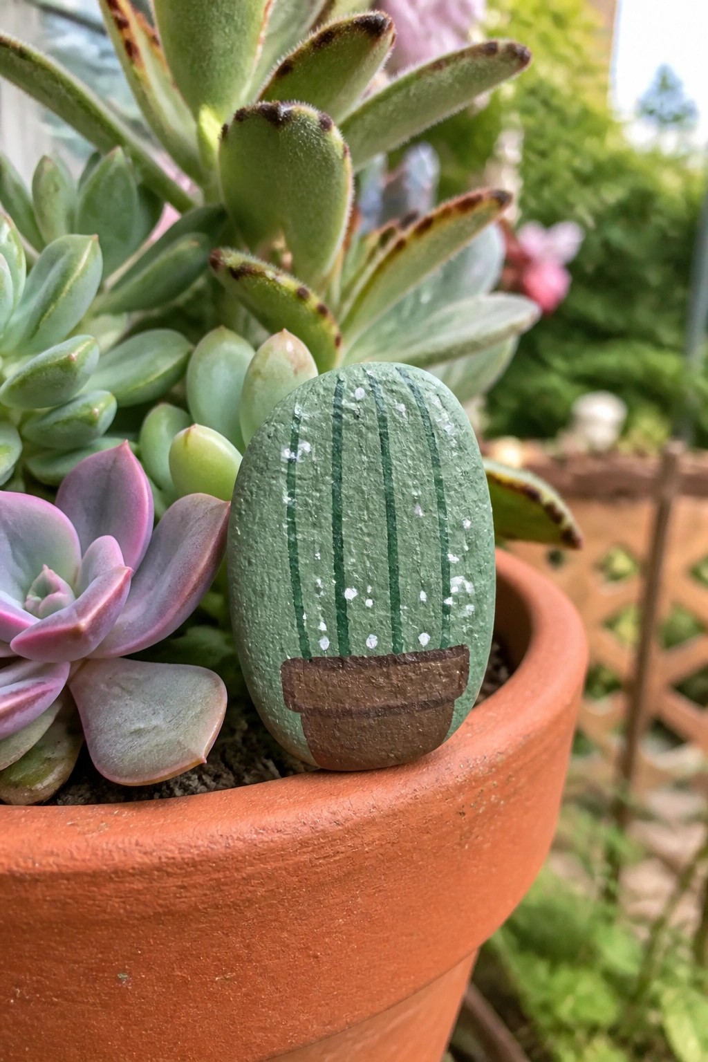 Painted green cactus rock with stripes and dots in terracotta pot among succulents.