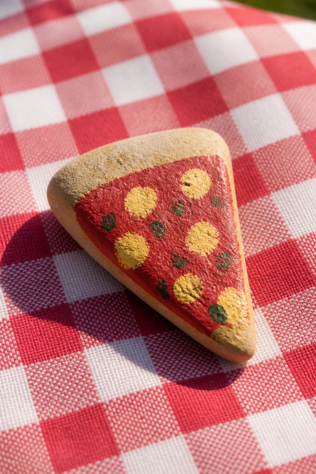 Painted pizza slice rock on red and white checkered picnic blanket