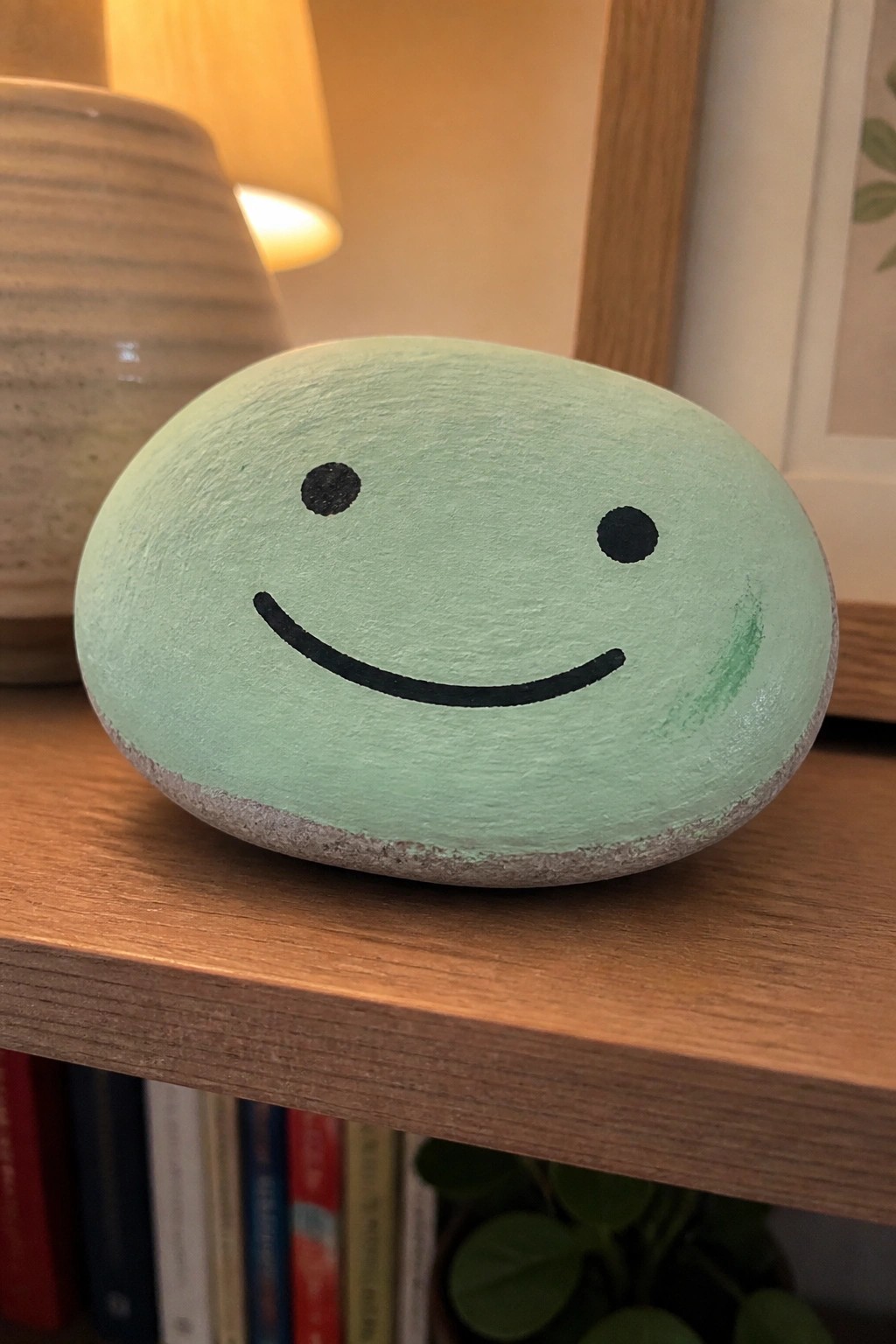 Light green painted rock with black smiley face on wooden shelf