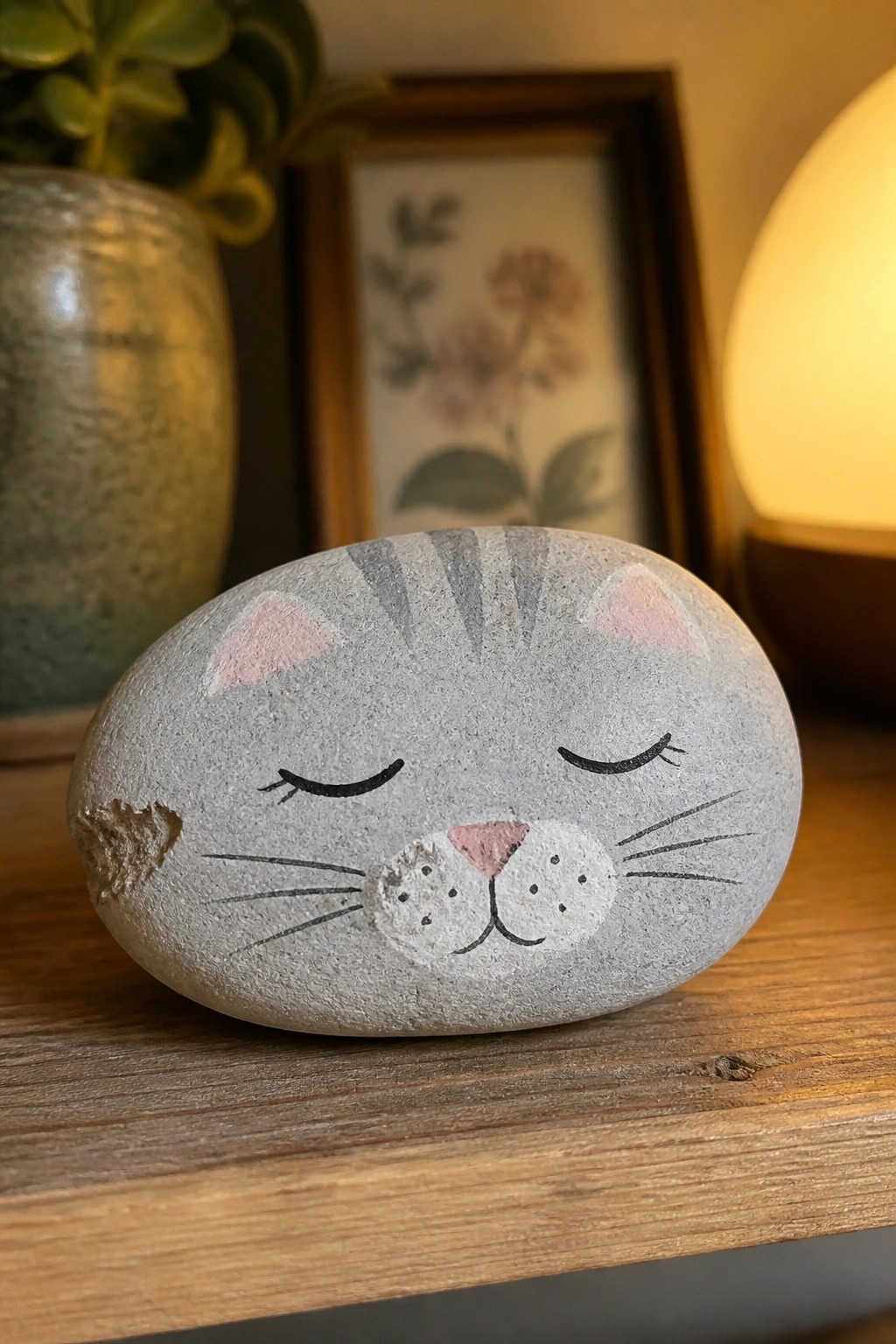 Gray stone painted as sleeping cat with pink ears on wooden table