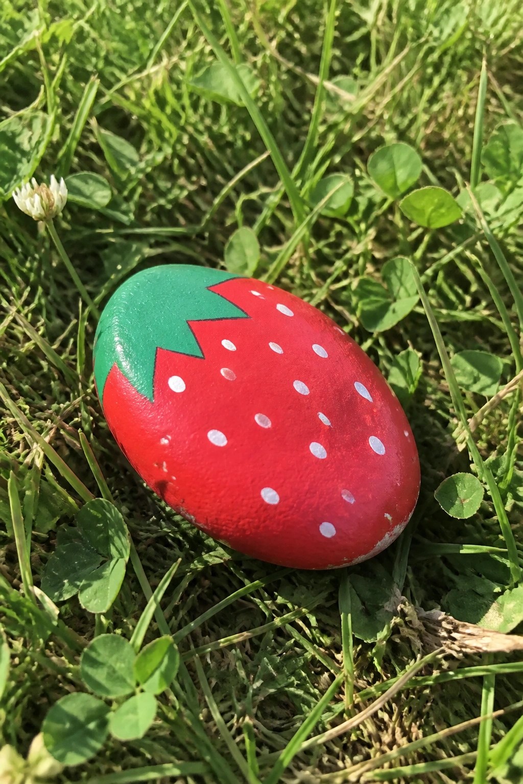 A red painted rock with white dots and a green top resembling a strawberry rests on green grass and clover.