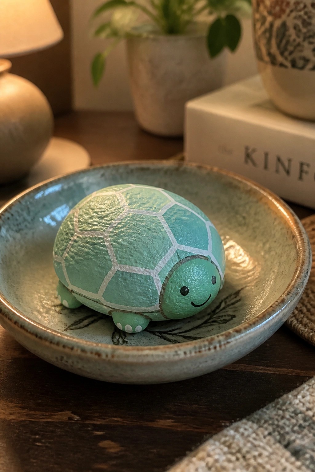 Mint green painted turtle figurine with smiling face in ceramic bowl