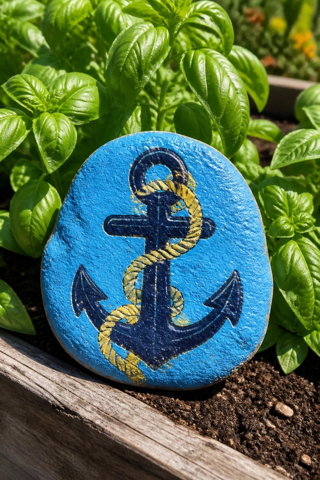 Blue painted rock with navy anchor and yellow rope amid green plants.