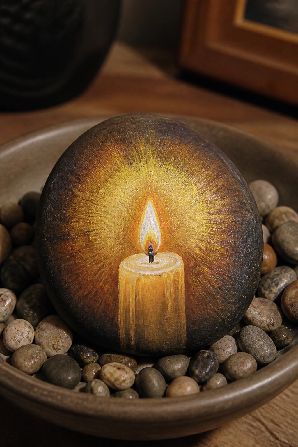 Painted stone with glowing candle flame rests in bowl of pebbles.