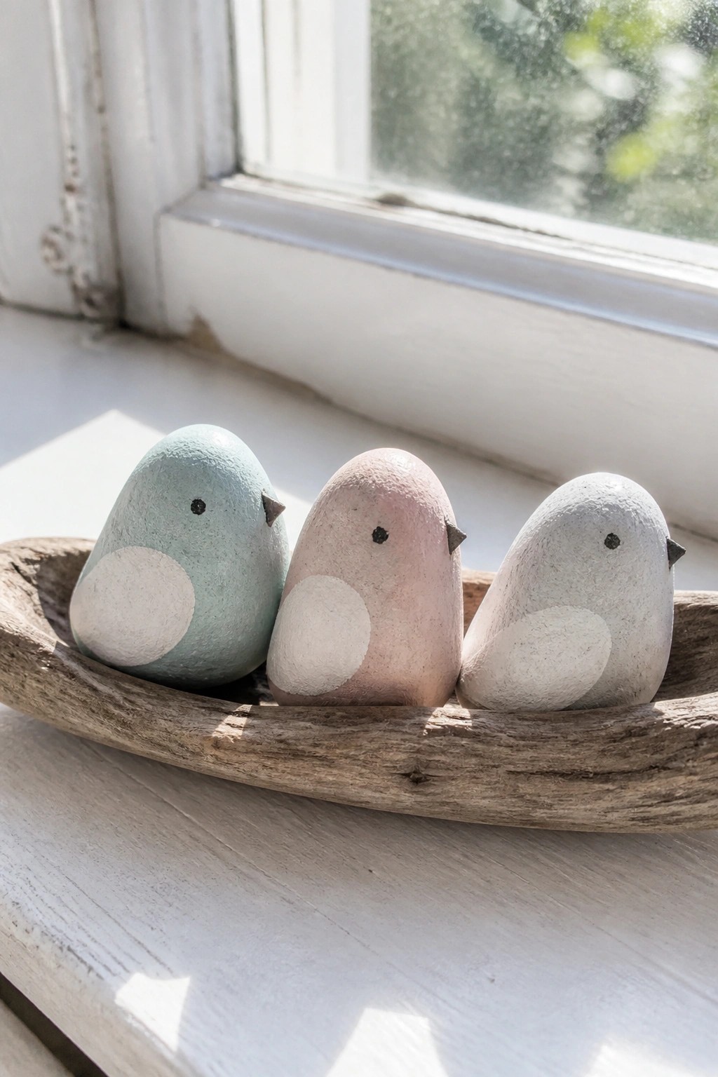 Three pastel bird-shaped stones in a wooden bowl on a windowsill