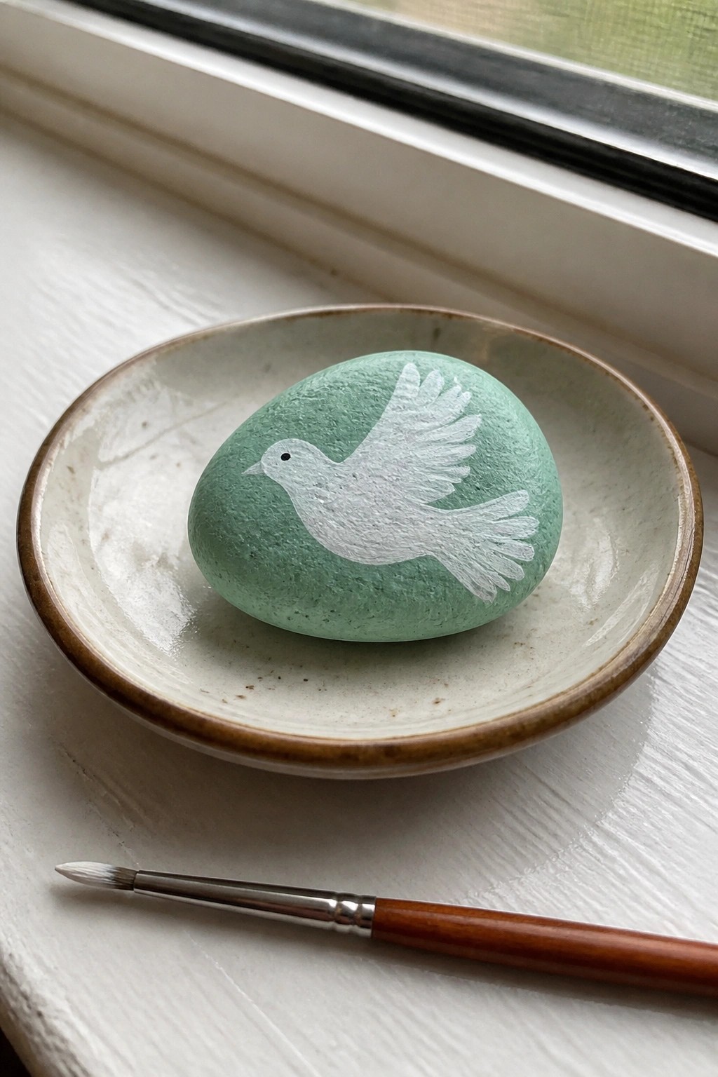 Green rock with white dove painting in ceramic bowl beside paintbrush