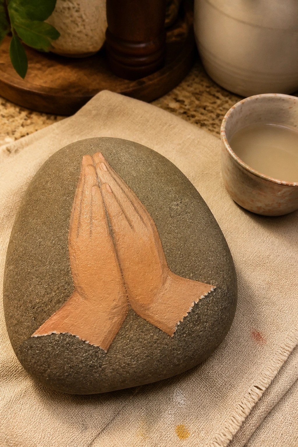 Painted stone with praying hands on beige cloth beside ceramic cup.