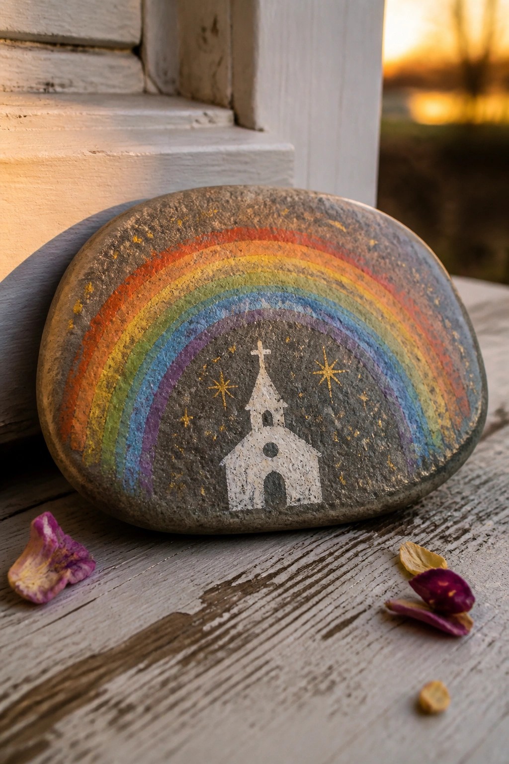 Painted rock with rainbow over white church and stars on wooden surface with petals