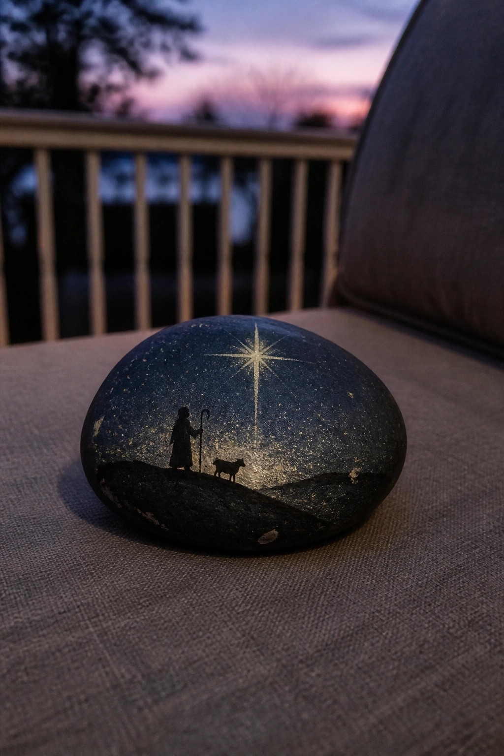 Painted rock with shepherd silhouette, sheep, and bright star in night sky