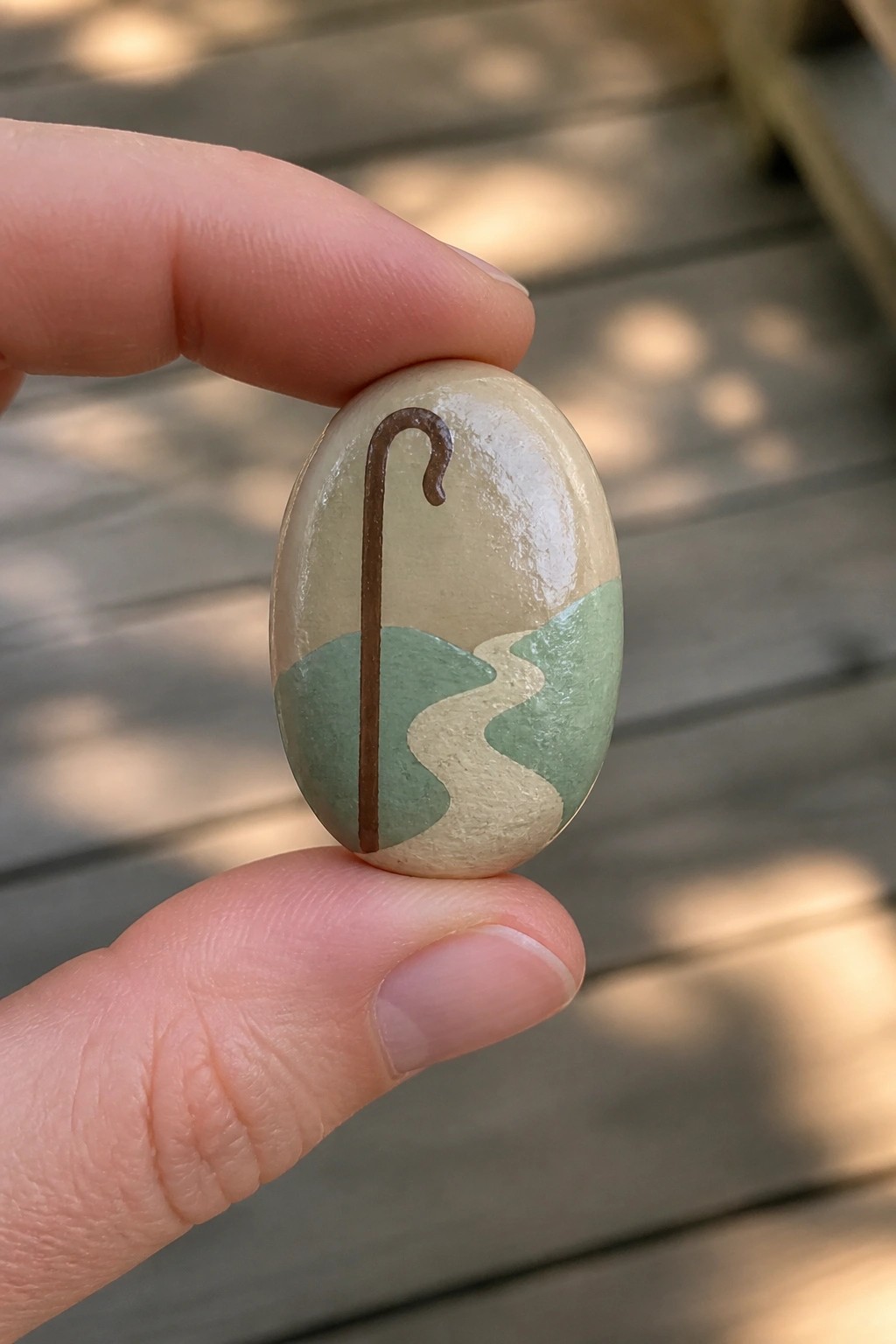 Hand holding oval stone painted with brown crook amid green waves