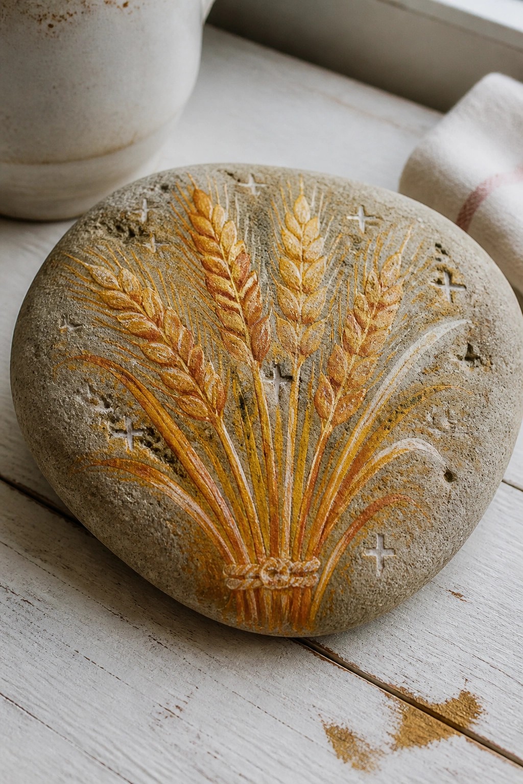 Painted stone with golden wheat stalks tied by rope amid scattered white crosses on wood.