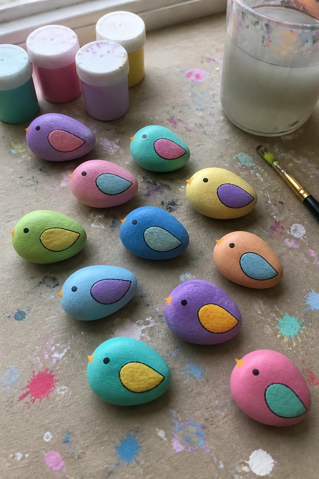 A collection of small smooth stones painted as colorful birds with simple wings, eyes, and beaks sits on a paint-splattered surface next to paint pots and a brush.
