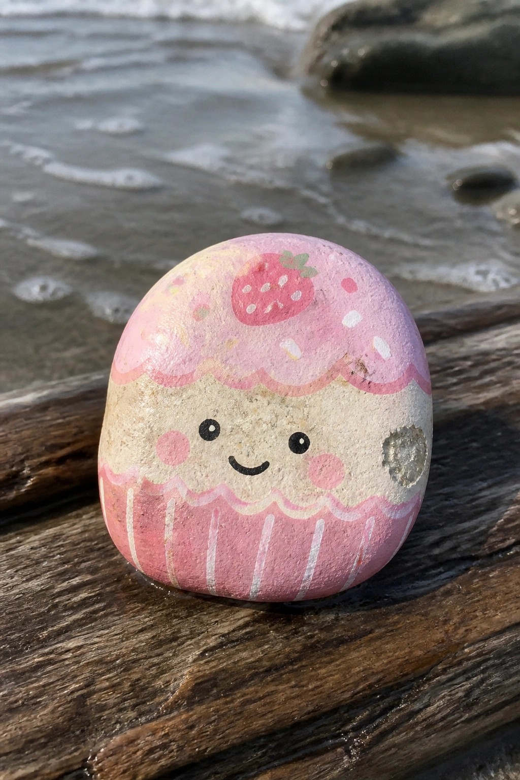 Painted pink cupcake rock with smiling face and strawberry atop driftwood by waves