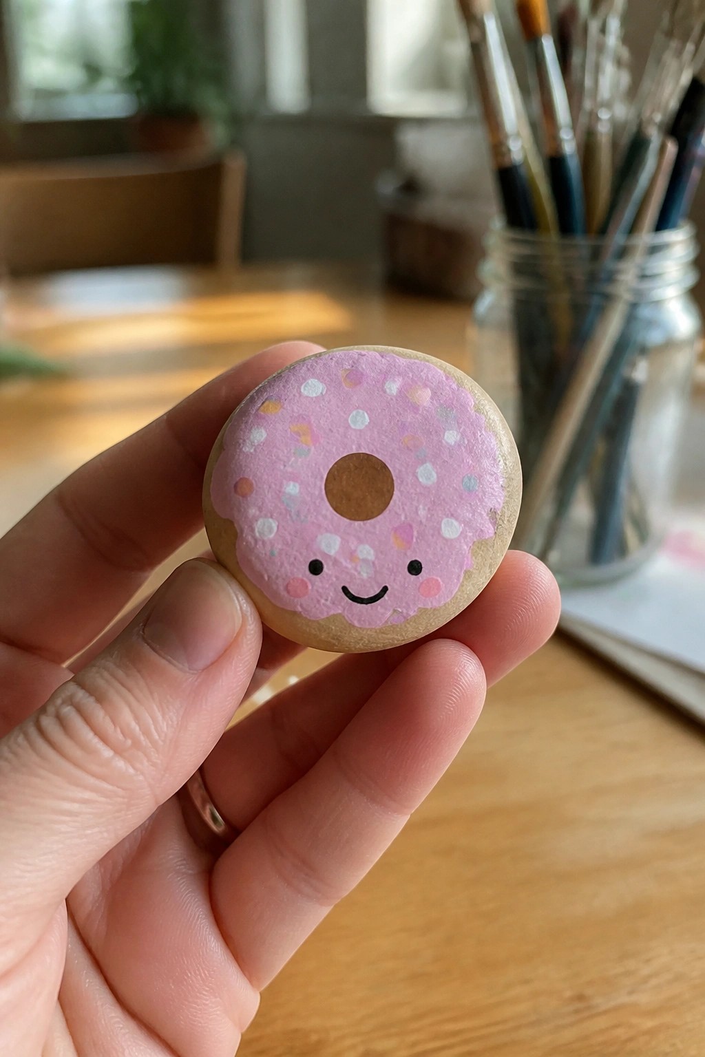 Hand holding small wooden donut painted pink with sprinkles and smiling face