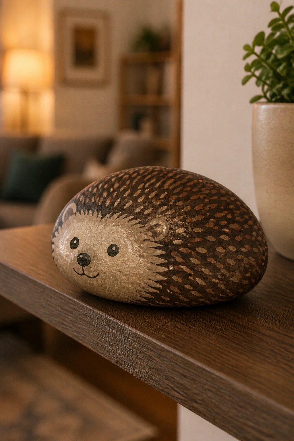 Painted hedgehog rock with dotted brown body on wooden table beside plant