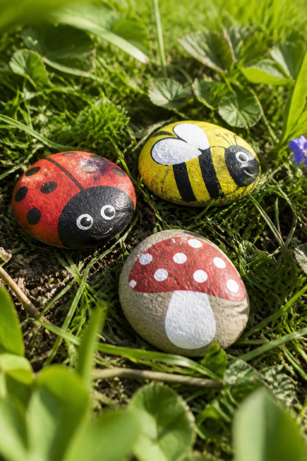 Ladybug, bee, and mushroom painted rocks resting on green grass and leaves
