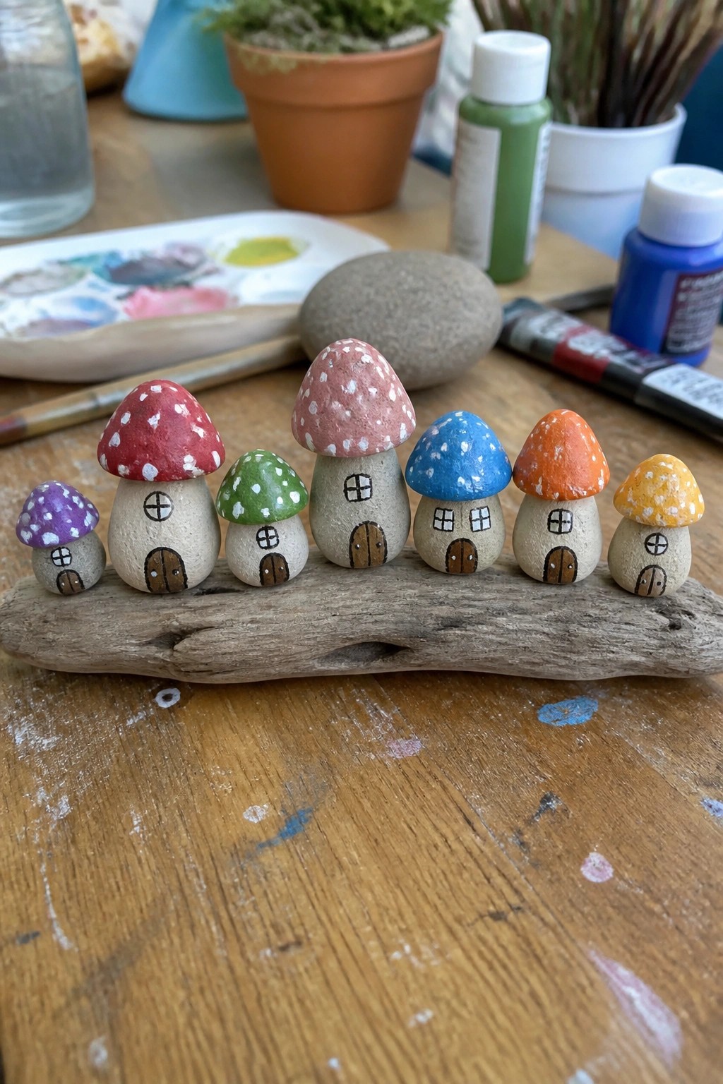 Colorful painted rock mushroom houses with spotted caps on driftwood