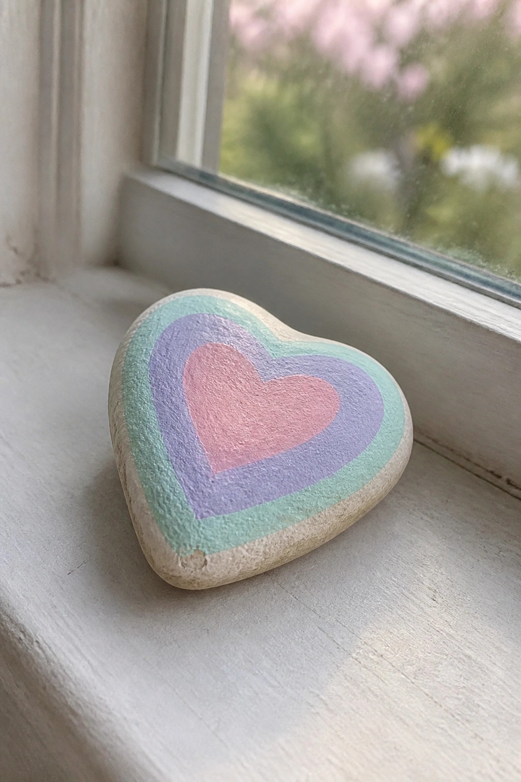 Pastel-painted heart stone on white windowsill by window with blurred flowers