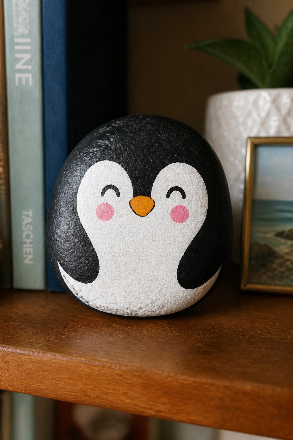 A rounded rock painted as a penguin with black back, white belly, orange beak, and pink cheeks rests on a wooden shelf.