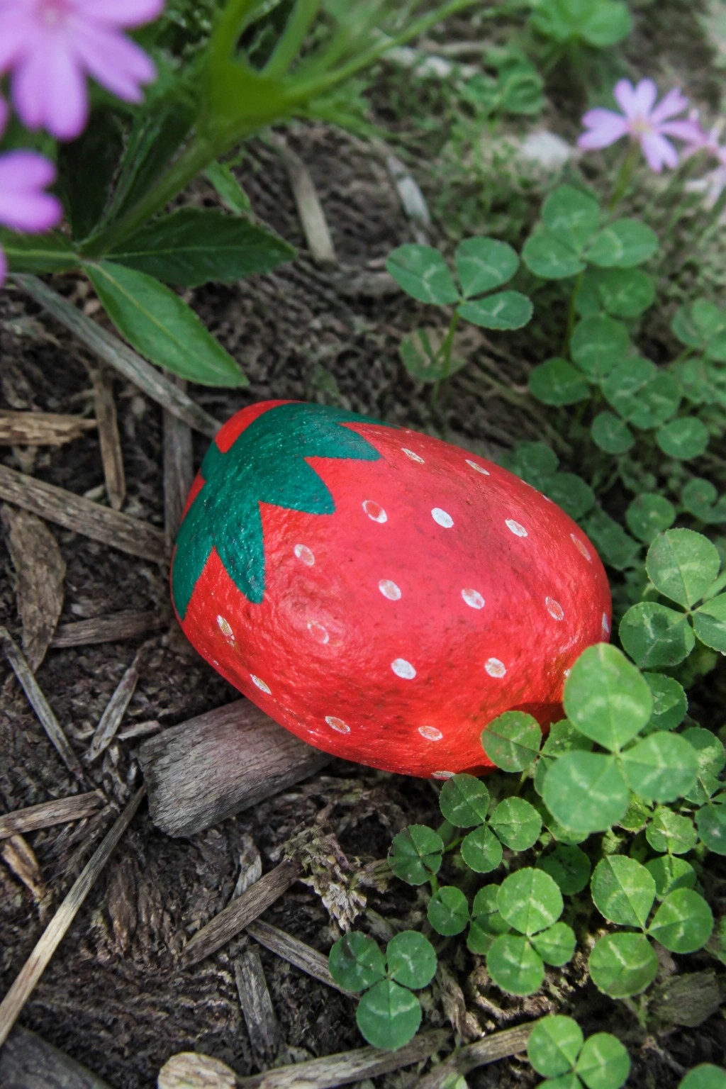 Red painted strawberry rock with white dots and green top amid clover and flowers