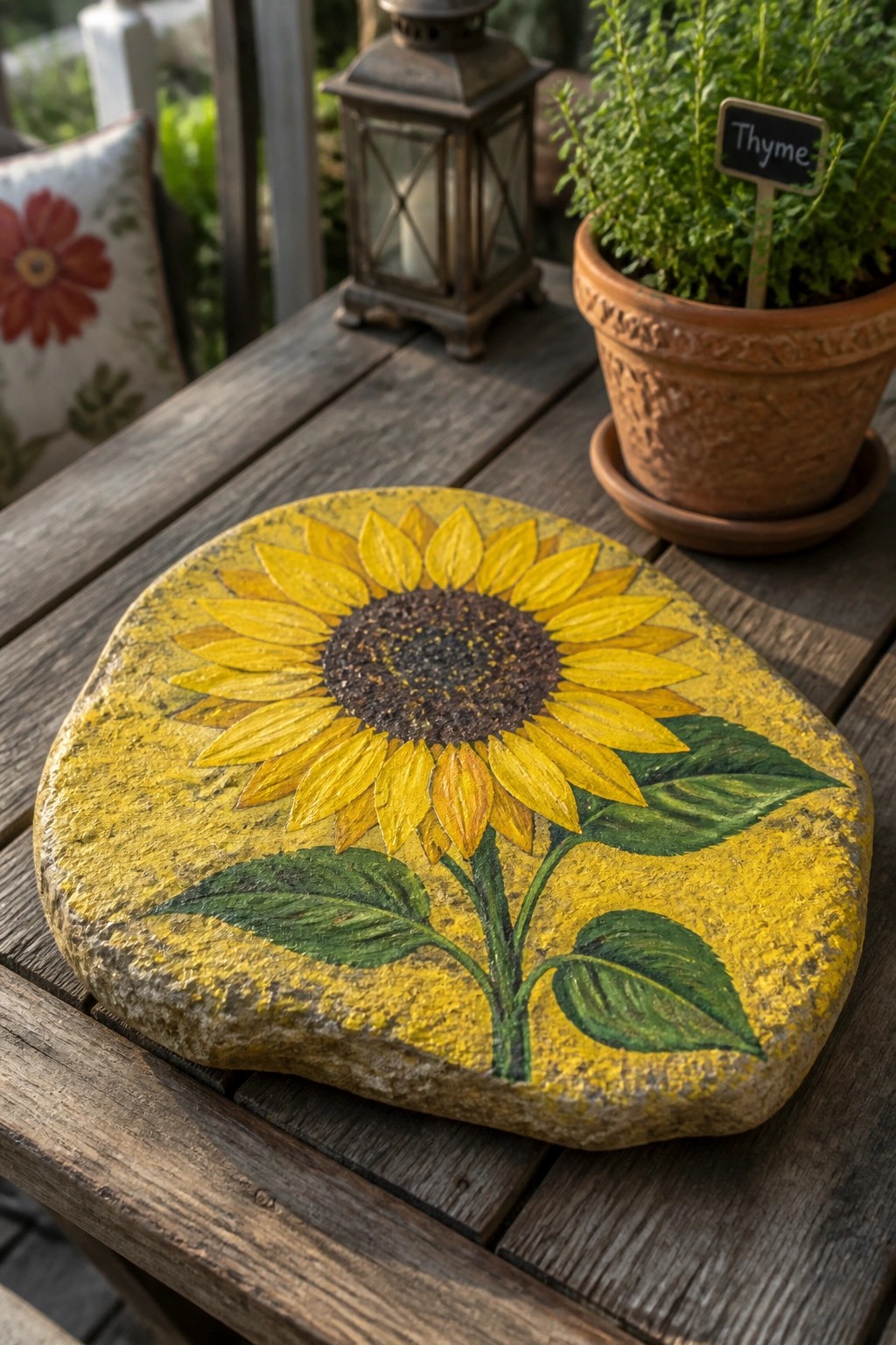 Sunflower painted on yellow rock beside potted thyme on wooden table
