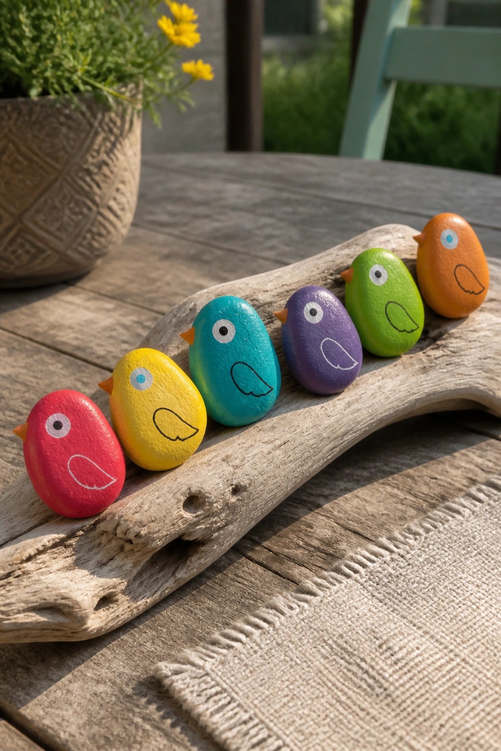 Row of colorful painted rock birds lined up on driftwood on wooden table.