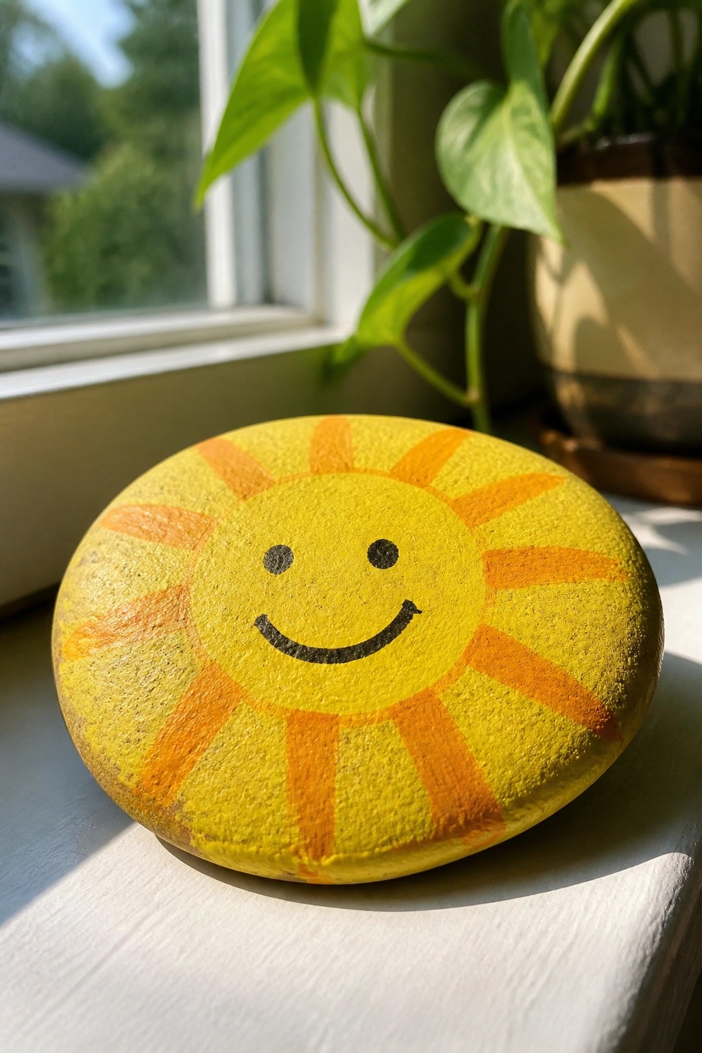 Yellow rock painted as smiling sun with orange rays on windowsill beside plant