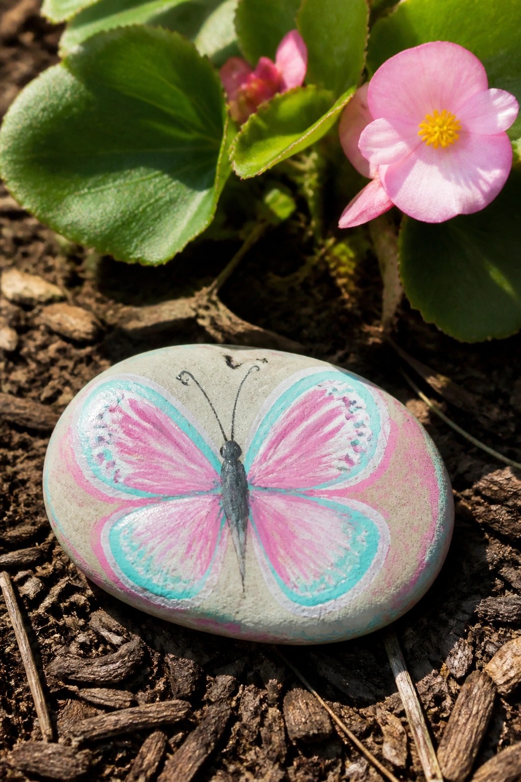 Painted gray stone with pink turquoise butterfly on soil near pink flowers
