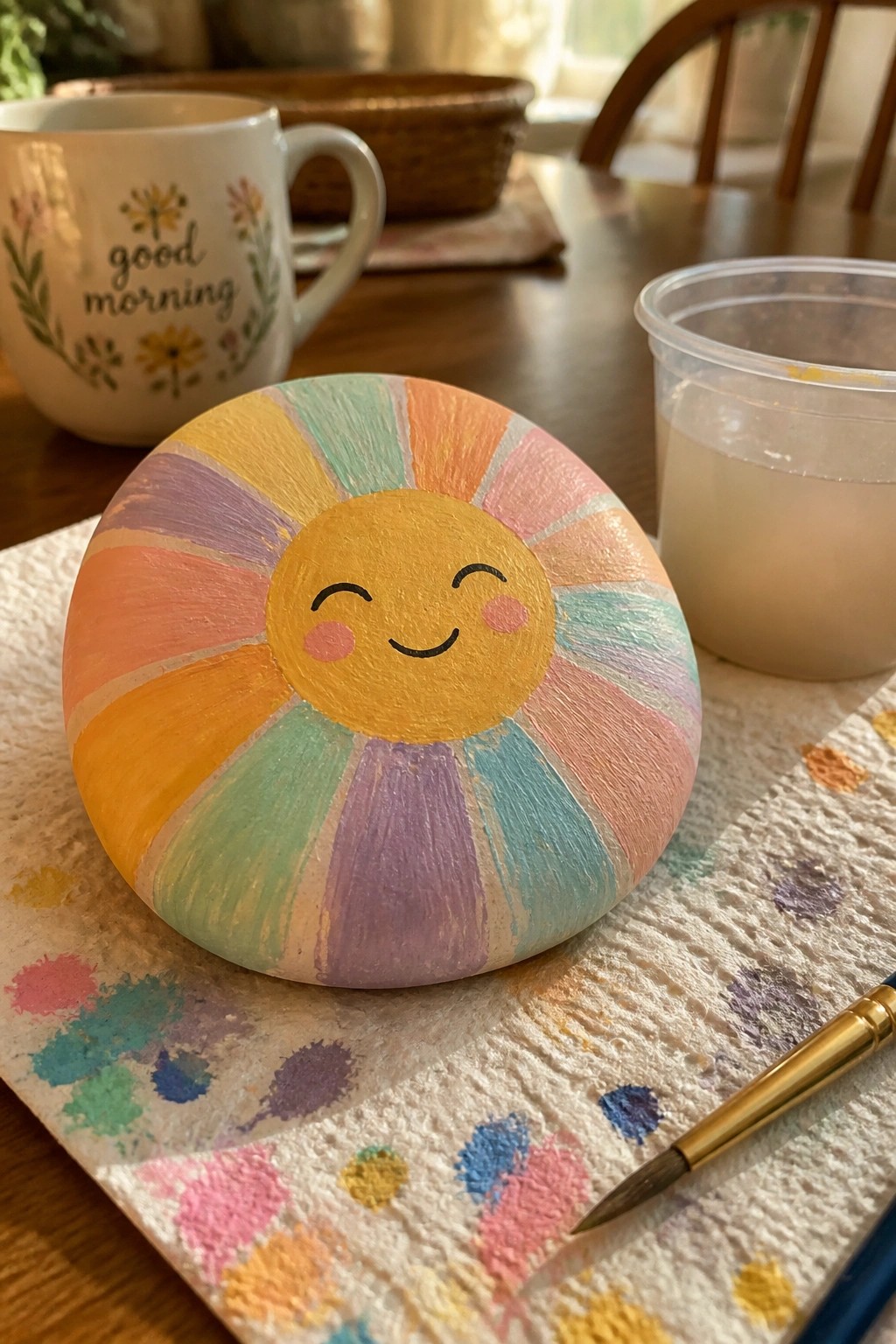 Colorful smiling sun painted on round rock atop paint-splattered polka-dot towel.