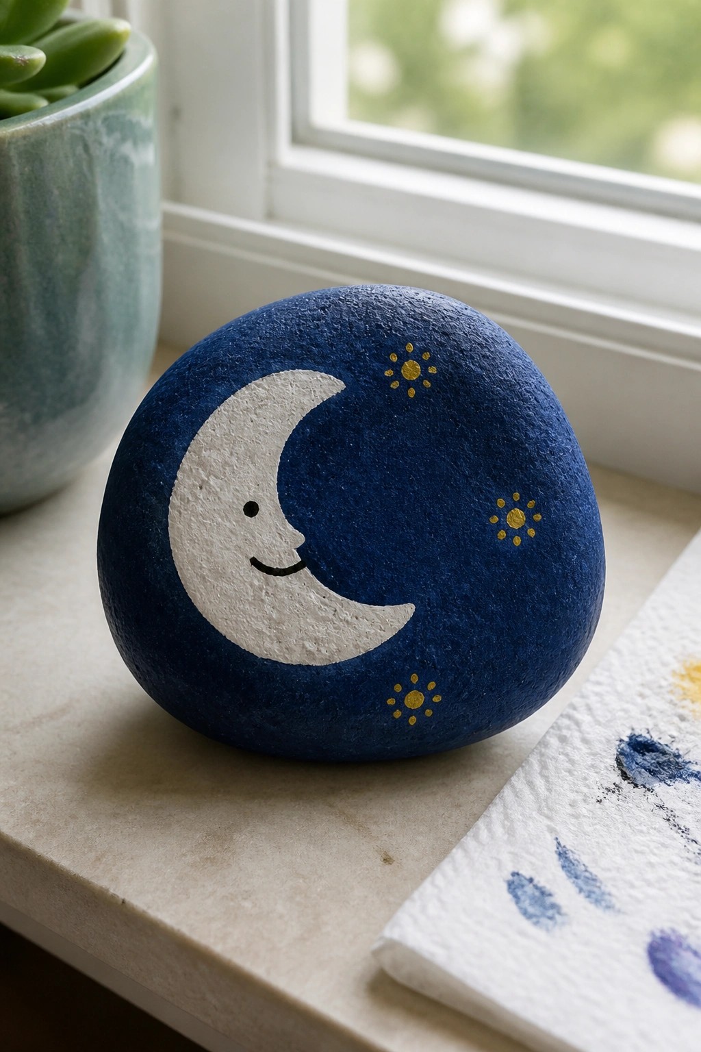 Blue rock painted with smiling white moon and yellow stars beside potted plant