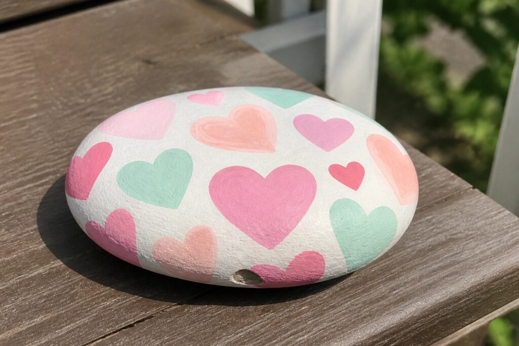 Round white rock painted with pastel hearts on wooden surface.