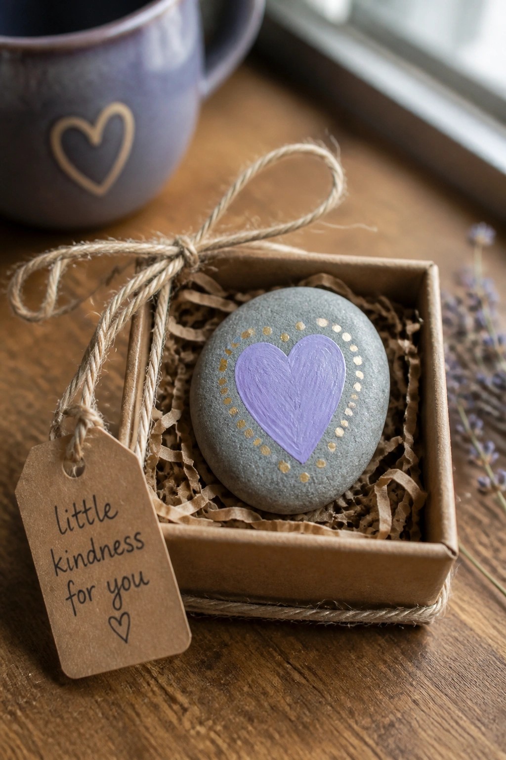 Gray stone with purple heart and gold dots in twine-tied gift box with tag
