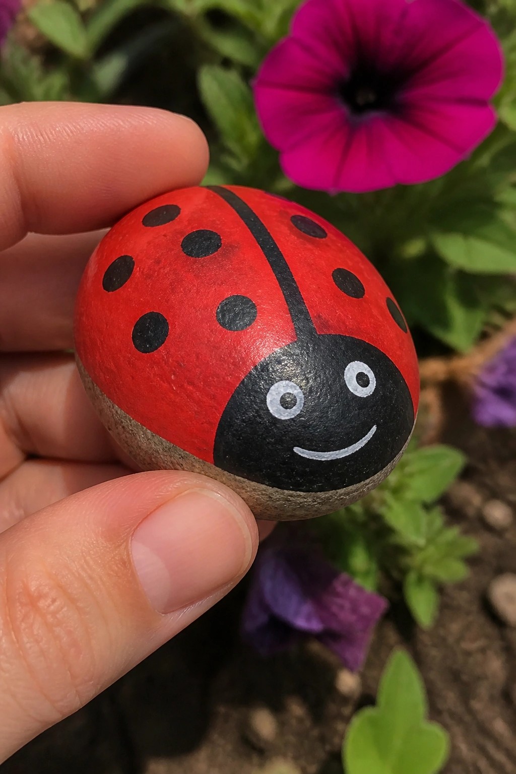 Hand holding smiling ladybug rock painted red with black spots near pink flower