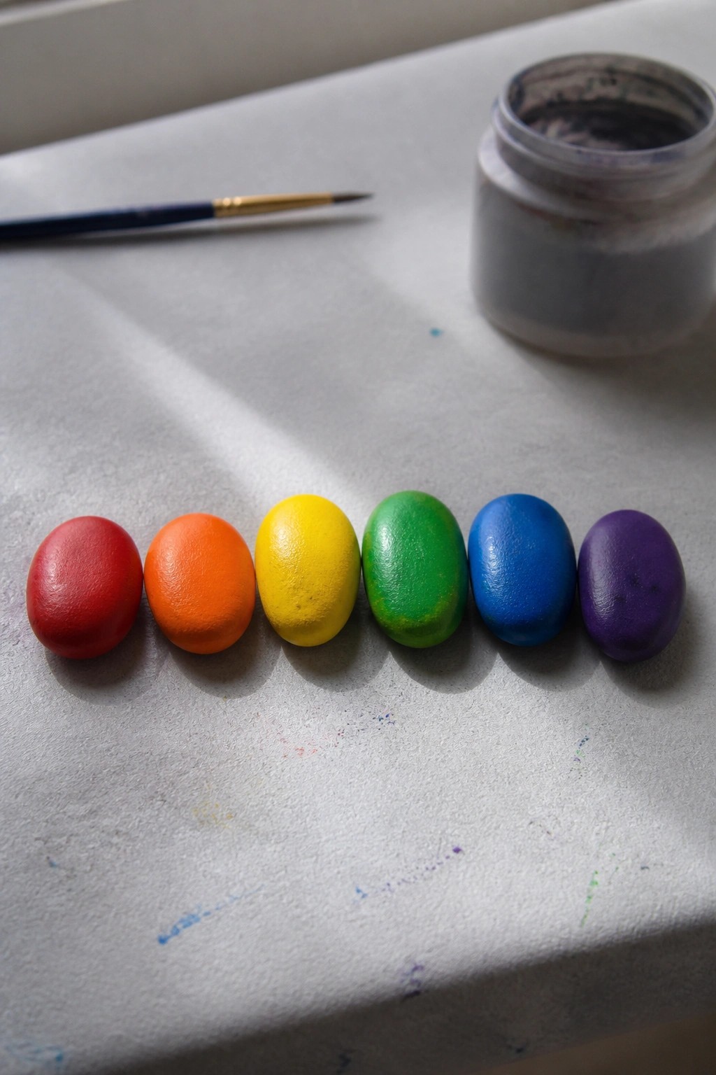 Six glossy rainbow-painted rocks lined up on white paper beside brush and jar.